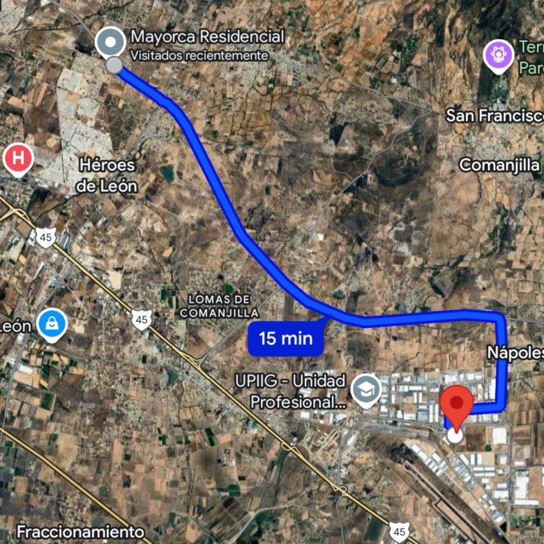 Vista satelital con ruta de navegación para llegar al terreno en venta desde la carretera principal al sur de León.