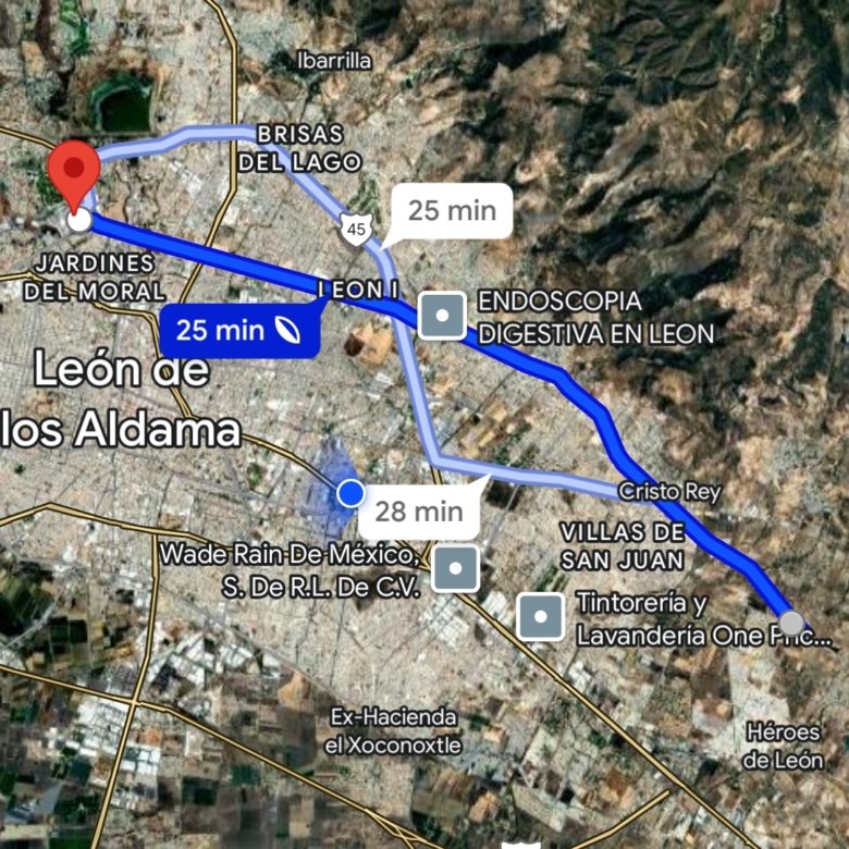 Mapa ilustrativo de la ruta de navegación desde León a Plaza Mayor León y luego hacia el terreno en venta en Mayorca Residencial.