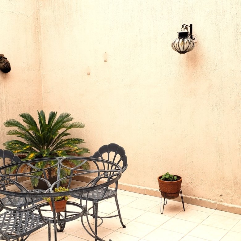 patio con plantas y muebles de metal en casa con uso comercial en renta en León Guanajuato