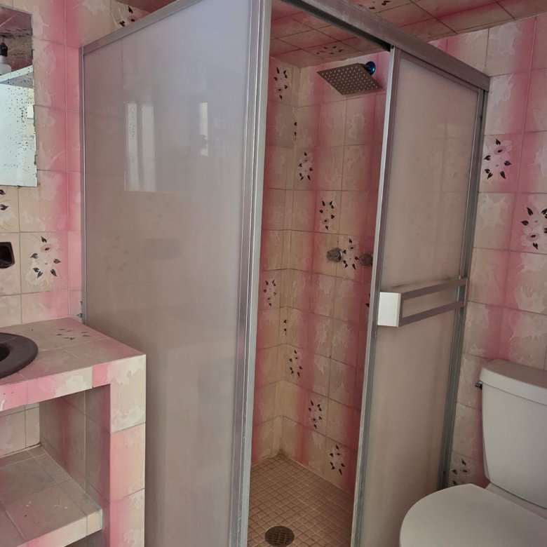Baño con azulejos rosas y ducha en casa u oficina en renta en Leandro Valle y Justo Sierra, León, Guanajuato