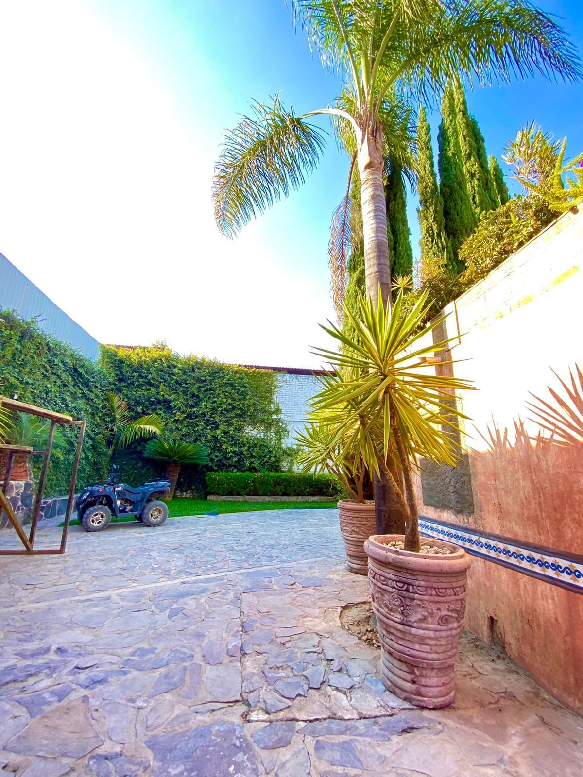 Jardín con palmeras y tractor en rancho hípico de lujo en venta en San Francisco del Rincón Guanajuato con áreas productivas