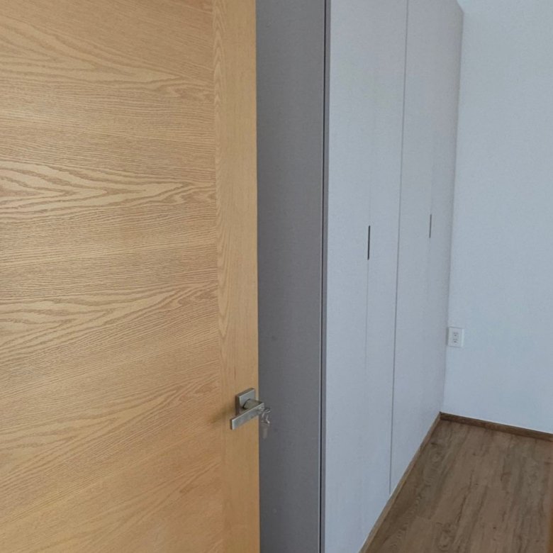 Puerta de madera y armario gris en departamento en renta Grand Valbuena León Modelo Berlín
