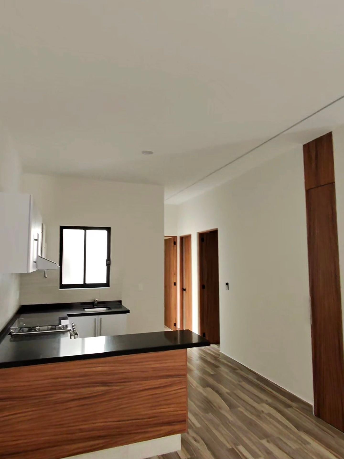 Vista de cocina y pasillo a recamaras en departamento en renta residencial rubi leon modelo jade
