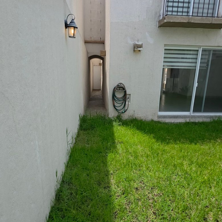 Pasillo lateral exterior con césped verde en casa en renta dentro de El Mayorazgo Residencial León Gto Torresa Inmobiliaria