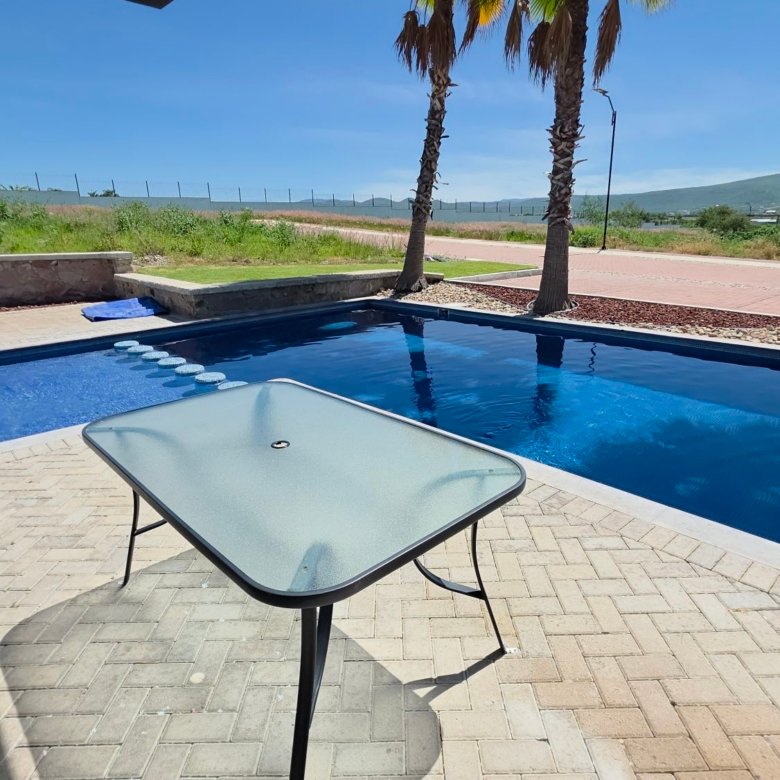 Alberca recreativa con palmeras en Casa Club Ciudad Maderas Leon terreno en venta Huizache Torresa Inmobiliaria