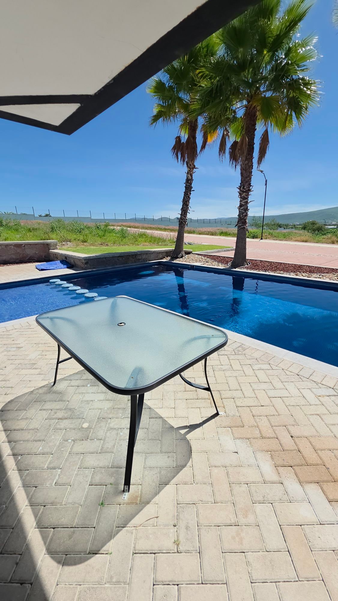 Alberca recreativa con palmeras en Casa Club Ciudad Maderas Leon terreno en venta Huizache Torresa Inmobiliaria