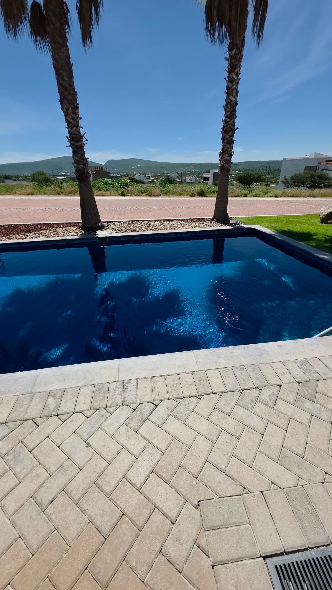 Alberca de Casa Club con palmeras y vista panorámica en Ciudad Maderas Leon terreno en venta Huizache torresa