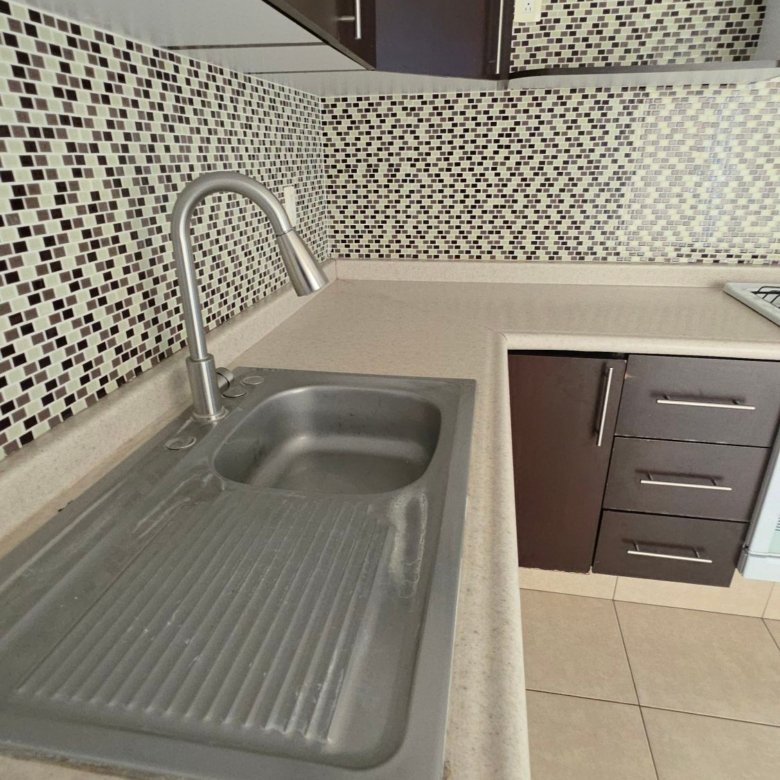 Tarja de acero inoxidable con monomando cuello de ganso en cocina de casa en renta Residencial Oasis Leon Gto